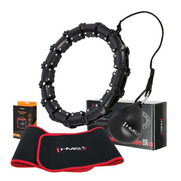 HHW02 HULA-HOOP-REIFEN BLACK MIT MASSAGENOPPEN UND ZÄHLER HMS + SLIMMING-GURT BR163 RED