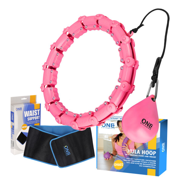 VERSTELLBARER HULA-HOOP-REIFEN OHA02 PINK MIT MASSAGENOPPEN UND SCHWERKRAFTBALL + SLIMMING-GURT BR160