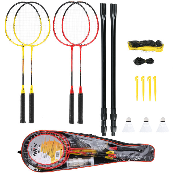 ALUMINIUM / BADMINTON-SET 4 SCHLÄGER + 3 FEDERBÄLLE + NETZ 600x60cm + SCHUTZHÜLLE NILS