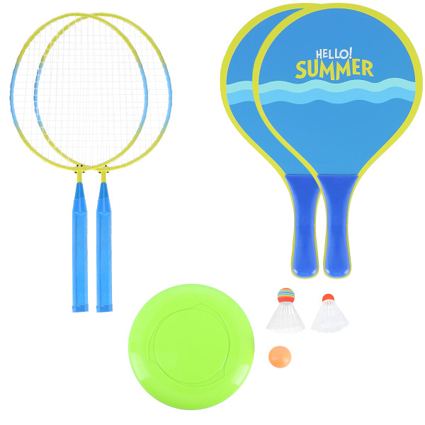 3-IN-1 / BADMINTON-SET 2 SCHLÄGER + 2 STRAND-SCHLÄGER + BADMINTONBÄLLE +  FRISBEE JUNIOR NILS