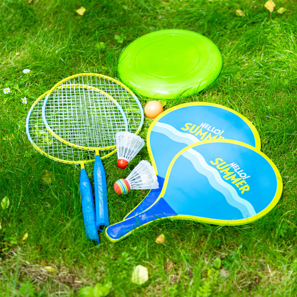 3-IN-1 / BADMINTON-SET 2 SCHLÄGER + 2 STRAND-SCHLÄGER + BADMINTONBÄLLE +  FRISBEE JUNIOR NILS