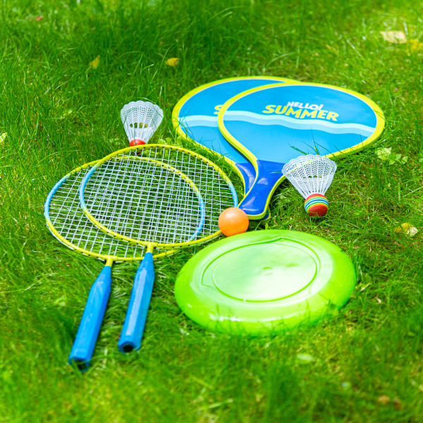 3-IN-1 / BADMINTON-SET 2 SCHLÄGER + 2 STRAND-SCHLÄGER + BADMINTONBÄLLE +  FRISBEE JUNIOR NILS