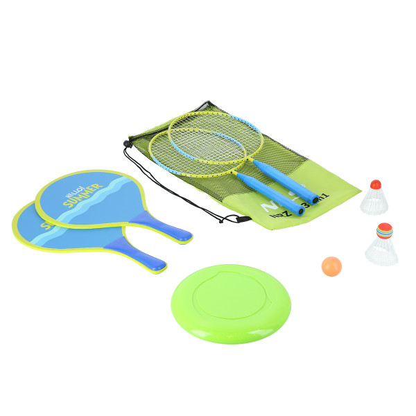3-IN-1 / BADMINTON-SET 2 SCHLÄGER + 2 STRAND-SCHLÄGER + BADMINTONBÄLLE +  FRISBEE JUNIOR NILS