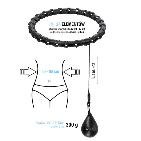 HULA-HOOP-REIFEN BLACK MIT MASSAGEPUNKTEN UND SCHWERKRAFTBALL HMS
