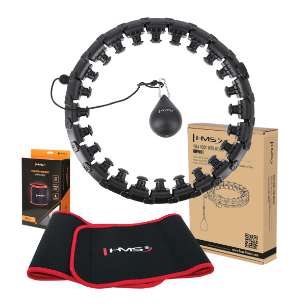 HHW01 HULA-HOOP-REIFEN BLACK MIT MASSAGENOPPEN UND ZÄHLER HMS + SLIMMING-GURT BR163 RED