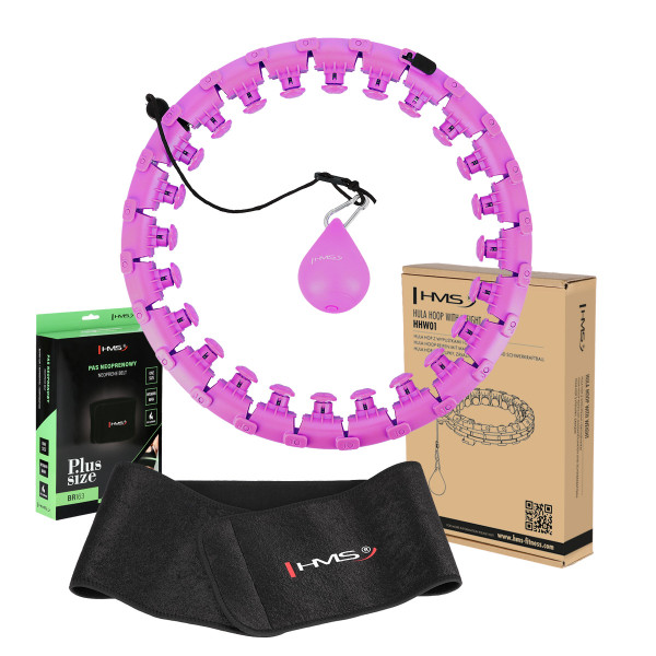 HHW12 HULA-HOOP-REIFEN PLUS SIZE VIOLET MIT MASSAGENOPPEN UND ZÄHLER HMS + SLIMMING-GURT BR163 BLACK