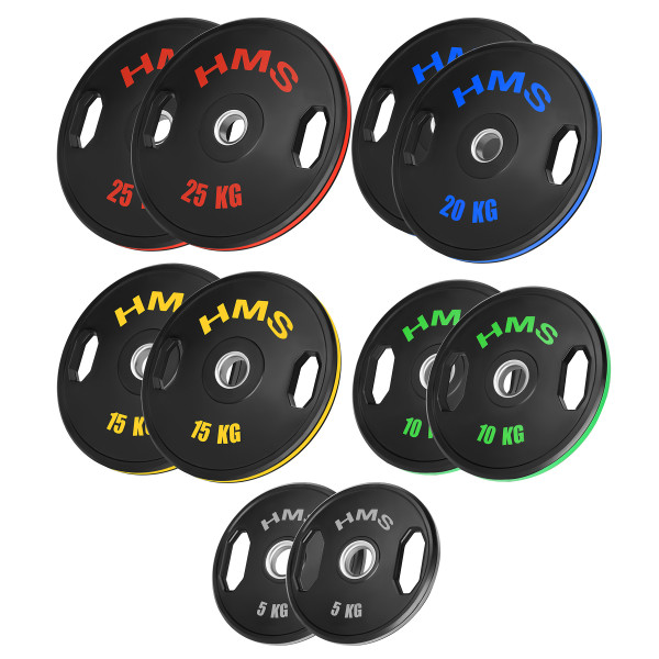 SET GUMMIERTE OLYMPISCHE GEWICHTSSCHEIBEN 2 X 5–25 KG (150 KG) HMS