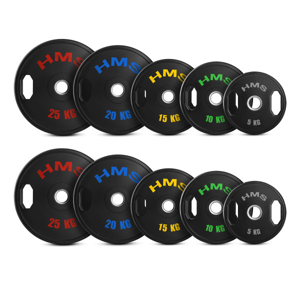 SET GUMMIERTE OLYMPISCHE GEWICHTSSCHEIBEN 2 X 5–25 KG (150 KG) HMS